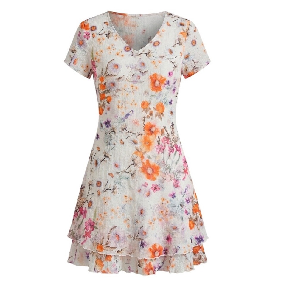 Charlie B Womens M Cotton Gauze Floral Dress White Orange Pink Ruffle Hem V-Neck